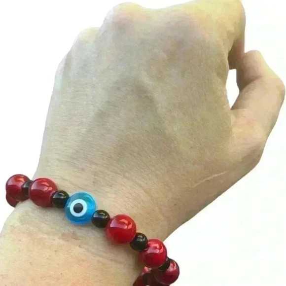 Handmade red & black evil eye protection bracelet 7” stretchy - Picture 5 of 5